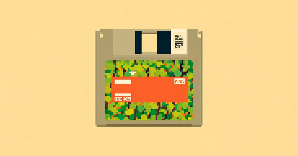 Pixel-art floppy disk with a leafy green label and an orange title band, on a sand-yellow background.
