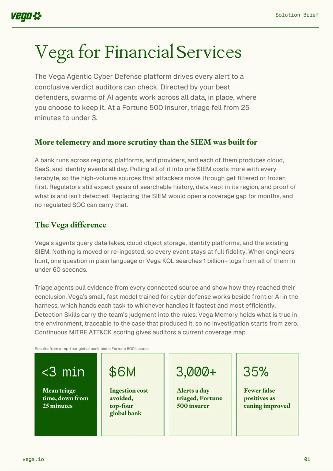 First page of the Vega Vega for Financial Services solution brief