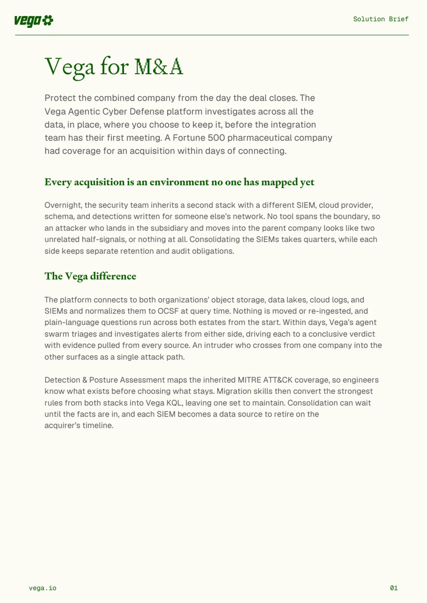First page of the Vega Vega for M&A solution brief