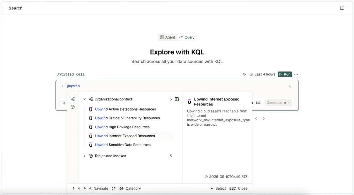 Vega's Explore with KQL screen: typing @upwin lists the five Upwind context sources under Organizational context, with Upwind Internet Exposed Resources selected and its description shown.