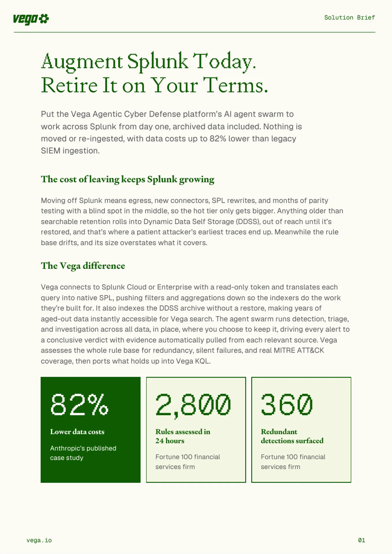 First page of the Vega Augment Splunk Today. Retire It on Your Terms. solution brief