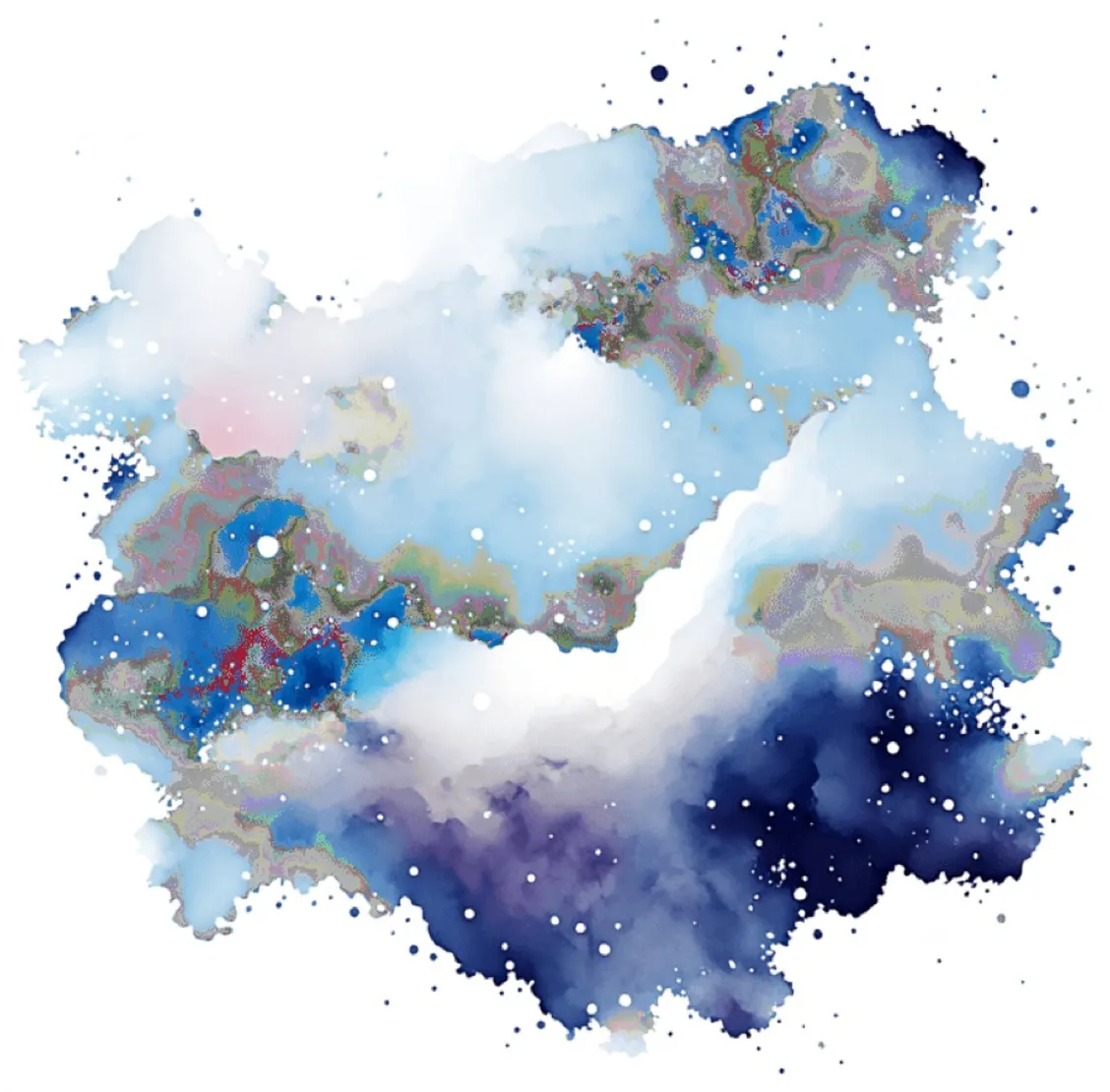 Abstract watercolor-style image of blue, purple and white cloud shapes with scattered dots on a white background, the rendered PNG carrier.