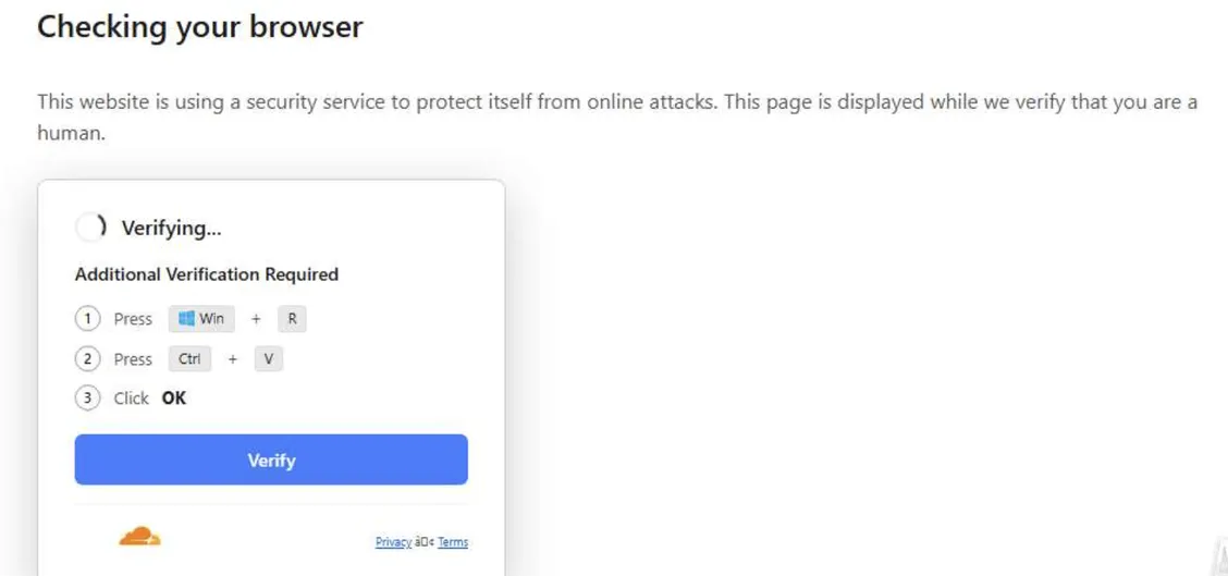 Fake Cloudflare “Checking your browser” page with a verification box listing three steps, press Win + R, press Ctrl + V, click OK, above a blue Verify button and a Cloudflare logo.