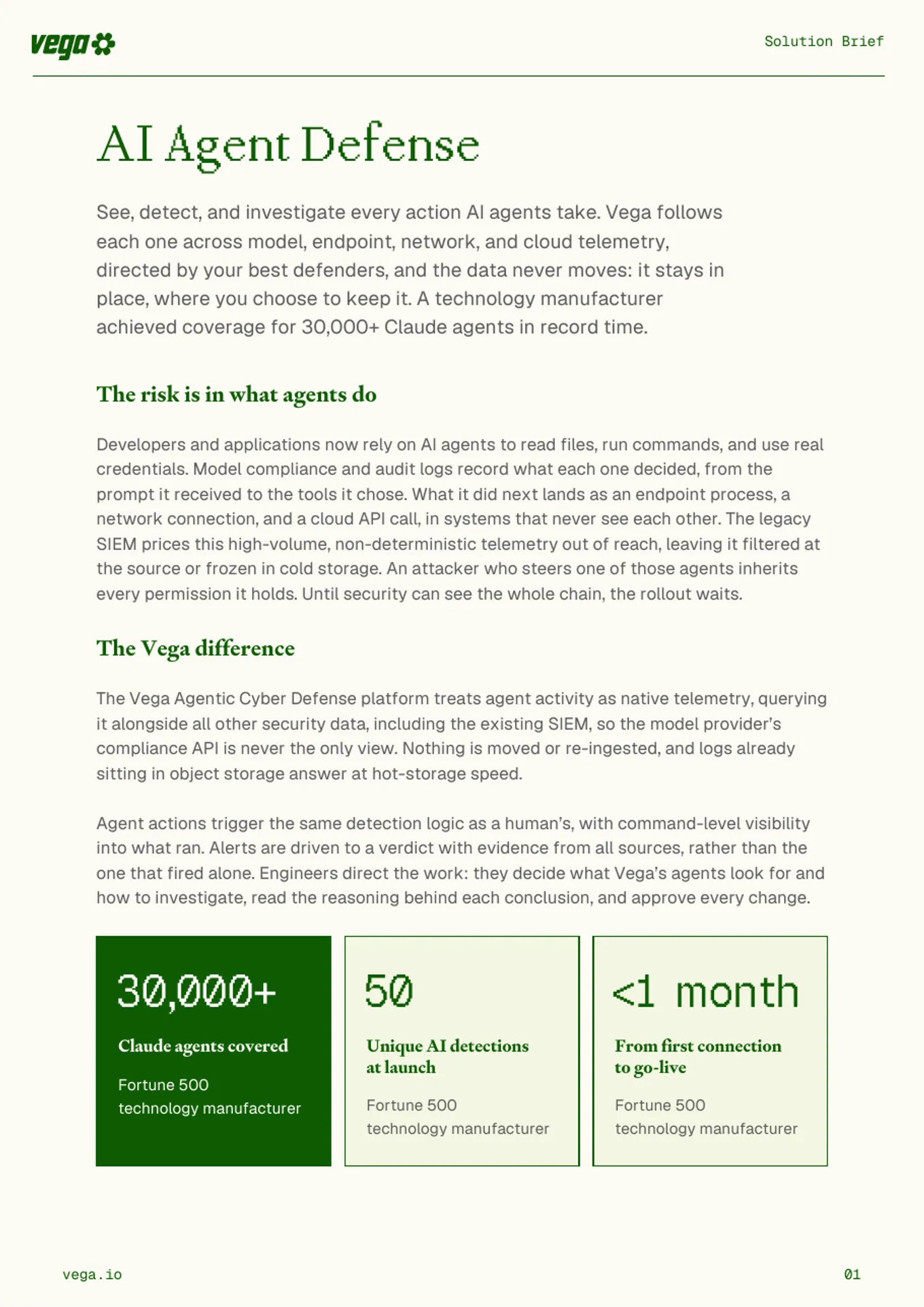 First page of the Vega AI Agent Defense solution brief