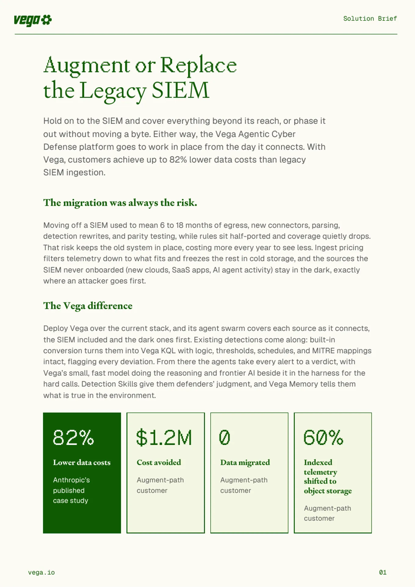 First page of the Vega Augment or Replace the Legacy SIEM solution brief