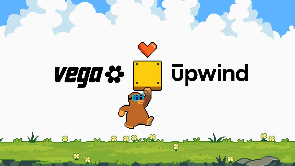 Pixel-art scene: the Vega and Upwind logos on either side of a gold block held up by Vega's mole in sunglasses, with a heart above it, over a grass field under a cloudy sky.