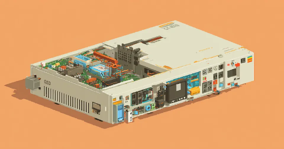 Pixel-art server with its cover removed, exposing a circuit board of chips and ports, on an orange background.
