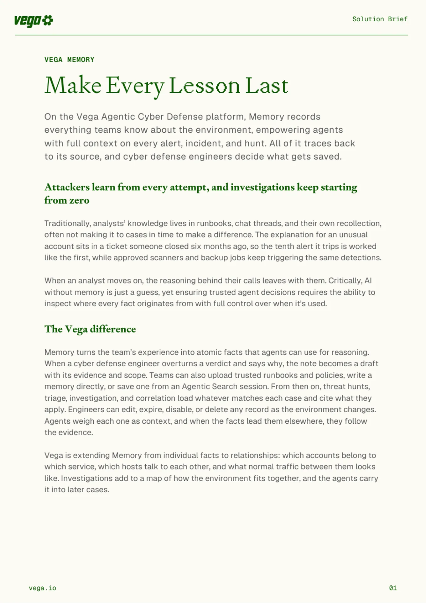 First page of the Vega Vega Memory solution brief