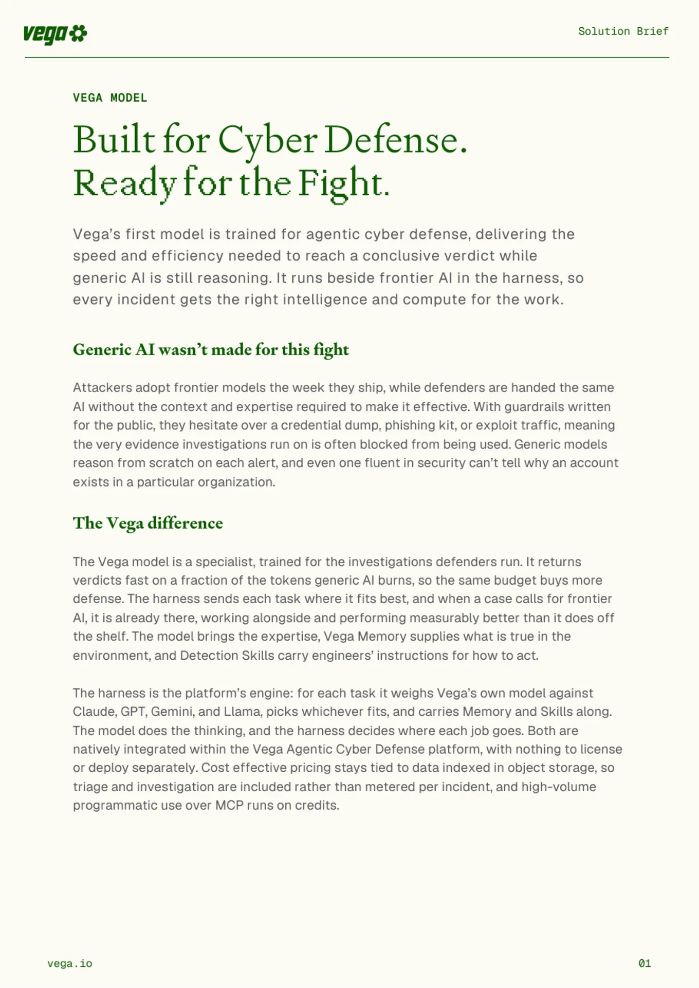 First page of the Vega Vega Model solution brief