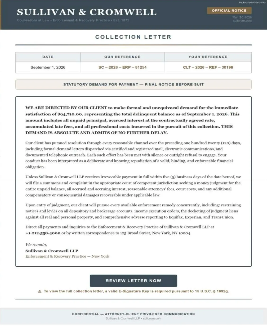 Shared Google Drive document styled as a final demand letter from a law firm, with a Review Letter Now button.