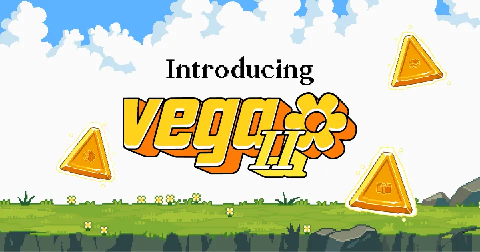 Pixel-art scene: the words Introducing Vega II over a grass field under a cloudy sky, with three glowing gold triangles floating around the logo.